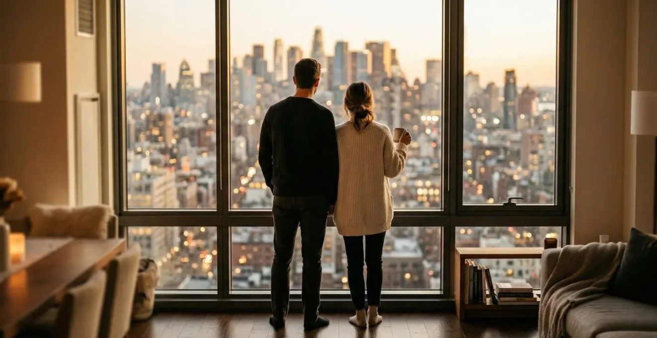 Una coppia vista di spalle osserva lo skyline di Milano dalla finestra di un appartamento luminoso al tramonto