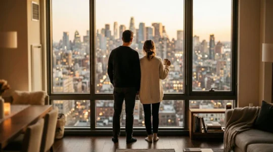 Una coppia vista di spalle osserva lo skyline di Milano dalla finestra di un appartamento luminoso al tramonto