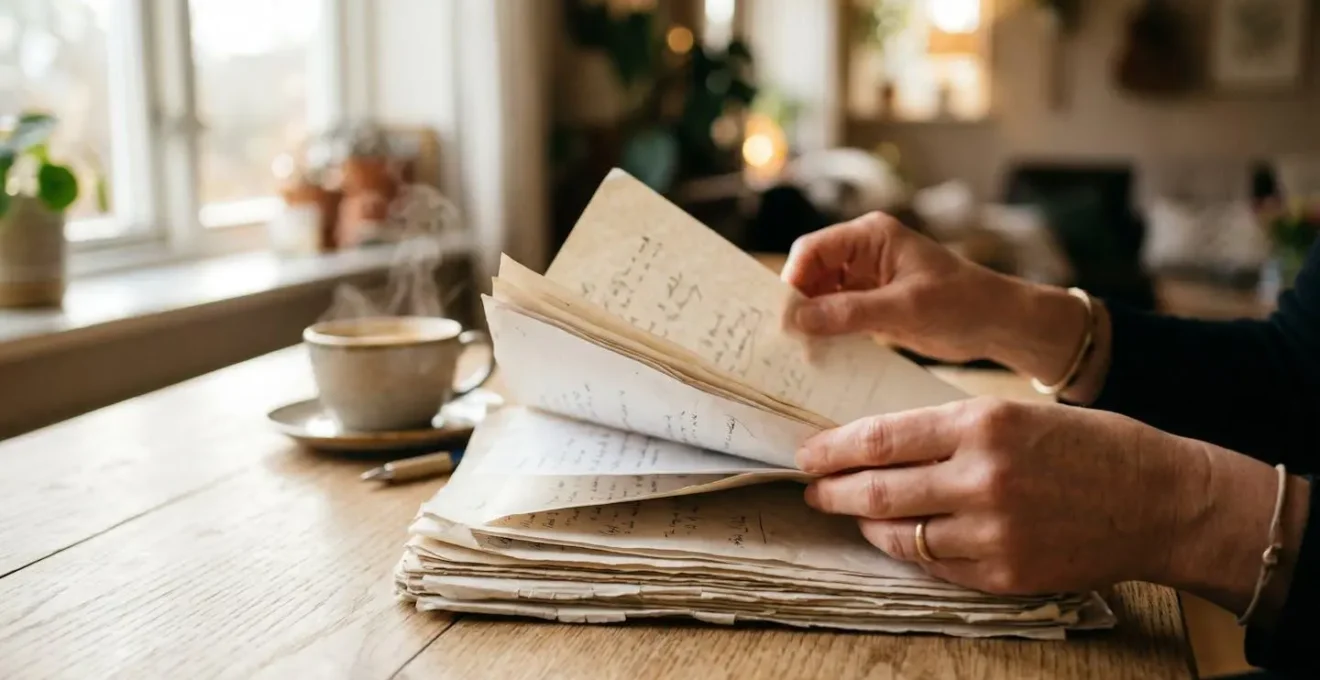 Dettaglio di mani che sfogliano documenti su un tavolo in legno chiaro, con una tazza di caffè sullo sfondo