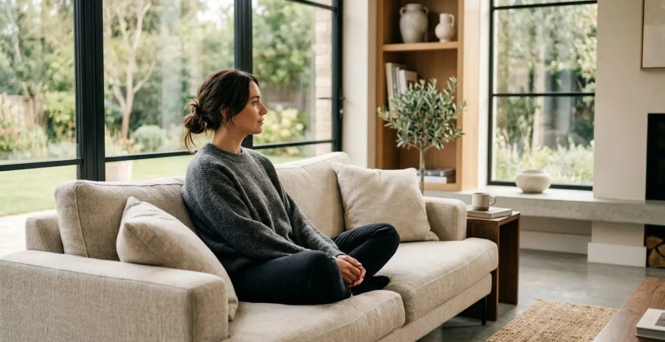 Persona seduta in un soggiorno moderno con grandi finestre, vista laterale mentre guarda pensierosa verso l'esterno